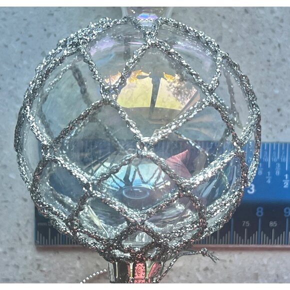 Iridescent Blown Glass Ornament With Silver Glitter Net Design 7.5” - Picture 4 of 4